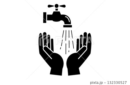 蛇口から出る水を使って手洗いをする線画イラスト素材 蛇口から出る水を使って手洗いをする線画イラスト素材 132330527