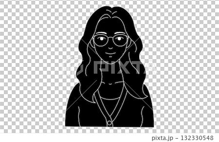 ロングのメガネ女性のバストアップ線画イラストアイコン 132330548