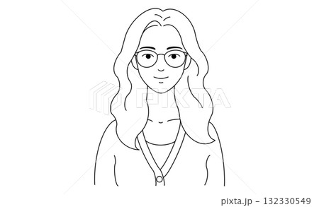 ロングのメガネ女性のバストアップ線画イラストアイコン ロングのメガネ女性のバストアップ線画イラストアイコン 132330549