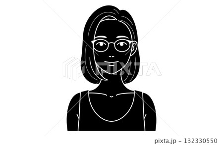 タンクトップでボブのメガネ女性のバストアップ線画イラストアイコン 132330550