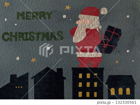 クリスマスのプレゼントを運ぶサンタクロースのイラストコラージュ風 132330561