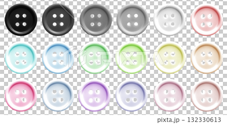 Colourful pastel plastic clothes plastic sewing button on transparent background cutout, PNG file. Many assorted different colours. Mockup template for artwork graphic 132330613
