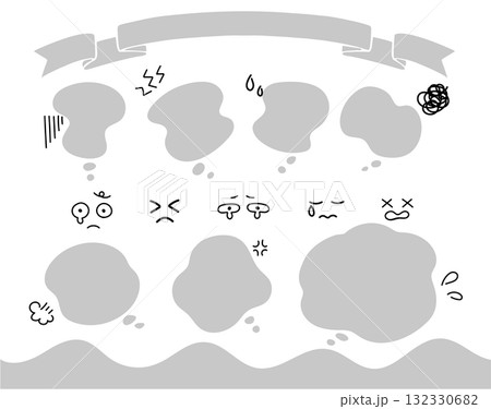 もやもや・悩みの吹き出しセット 困りごと・怒り・汗・ため息などを表現した漫符イラスト付き リボン装飾 132330682