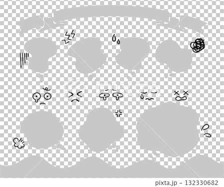 もやもや・悩みの吹き出しセット 困りごと・怒り・汗・ため息などを表現した漫符イラスト付き リボン装飾 132330682