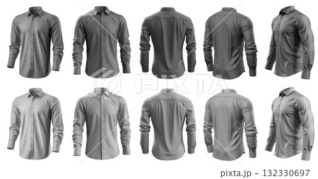 2 Set of grey dark light button up long sleeve collar shirt front, back and side view on transparent background cutout, PNG file. Mockup template 132330697