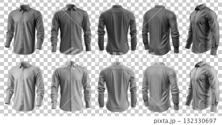 2 Set of grey dark light button up long sleeve collar shirt front, back and side view on transparent background cutout, PNG file. Mockup template 132330697