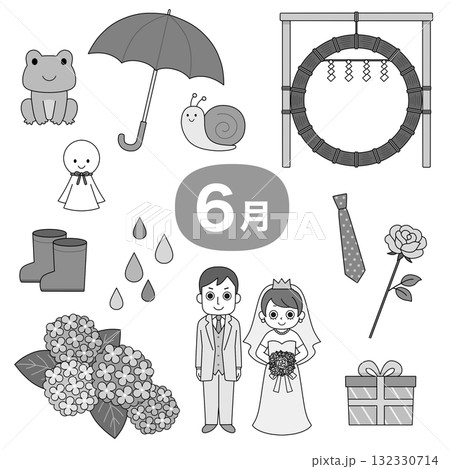 6月の行事や梅雨のモチーフをまとめたモノクロイラストセット 6月の行事や梅雨のモチーフをまとめたモノクロイラストセット 132330714