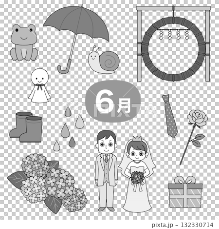 6月の行事や梅雨のモチーフをまとめたモノクロイラストセット 6月の行事や梅雨のモチーフをまとめたモノクロイラストセット 132330714