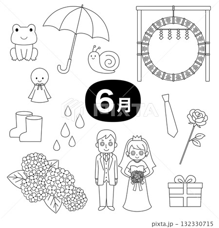 6月の行事や梅雨のモチーフをまとめた白黒線画イラストセット 6月の行事や梅雨のモチーフをまとめた白黒線画イラストセット 132330715