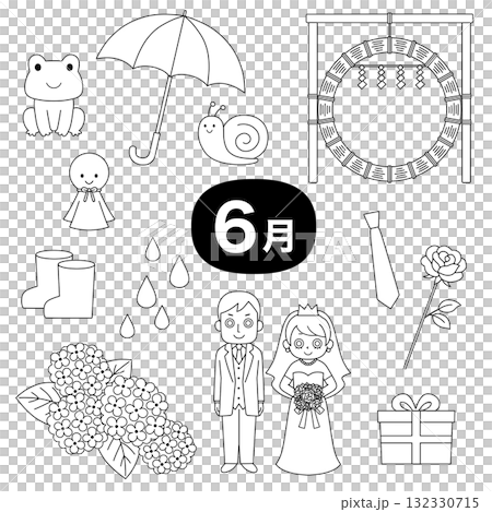 6月の行事や梅雨のモチーフをまとめた白黒線画イラストセット 6月の行事や梅雨のモチーフをまとめた白黒線画イラストセット 132330715