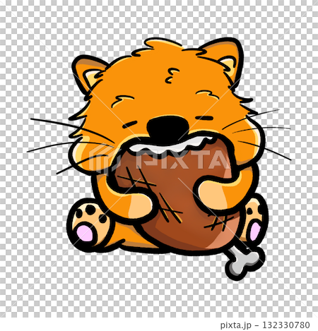 A fat orange cat is biting hunk meat cartoon illustration A fat orange cat is biting hunk meat cartoon illustration 132330780