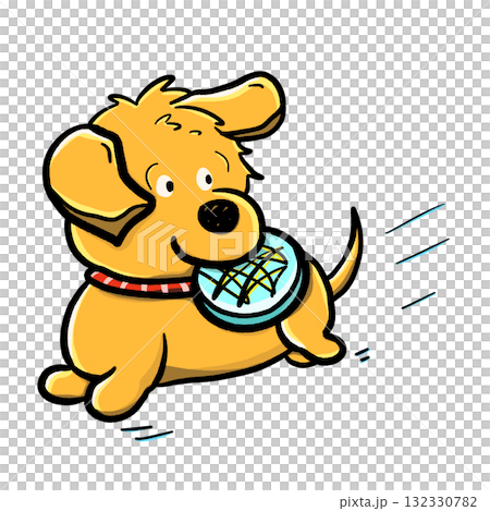 Yellow dog catching frisbee running fast isolated cartoon illustration 132330782