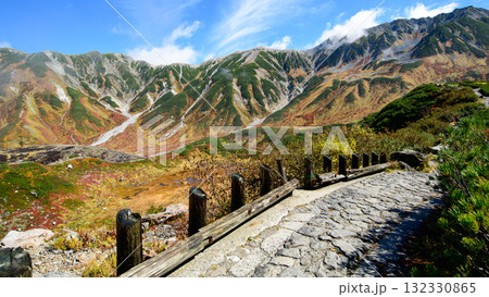 紅葉する室堂平石畳の散策路　立山黒部アルペンルート　富山県 132330865