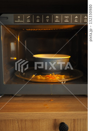 a bowl of food spilled in a microwave oven at home kitchen a bowl of food spilled in a microwave oven at home kitchen 132330980