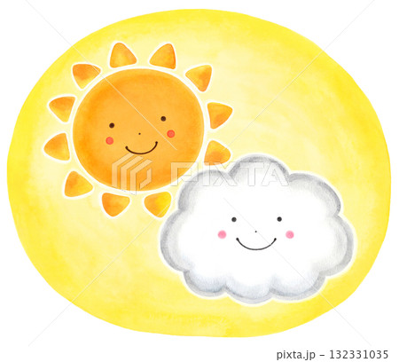 かわいい太陽と雲(背景黄色) かわいい太陽と雲(背景黄色) 132331035