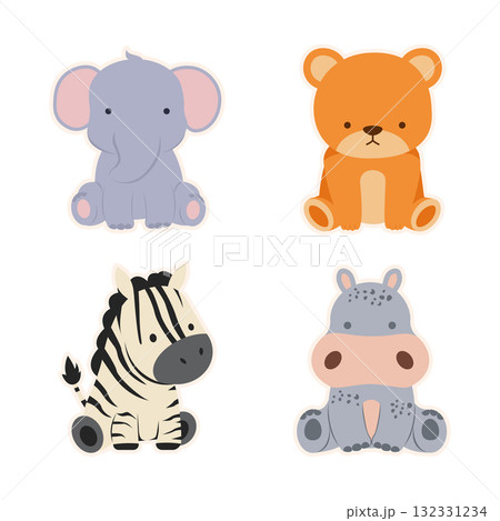 Cute Safari Animal Vector Set Elephant, Bear, Zebra & Hippo 132331234