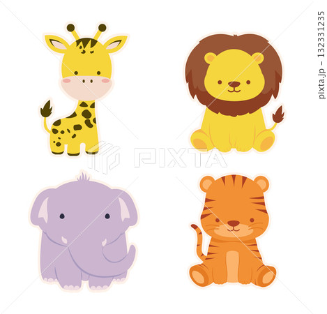 Cute Safari Animal Vector Set Giraffe, Lion, Elephant & Tiger 132331235