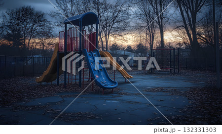 Sadness and grief, An empty playground at dusk loss of innocence childhood Sadness and grief, An empty playground at dusk loss of innocence childhood 132331303