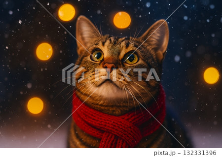 雪の夜に赤いマフラーを巻いて光を見上げる猫　冬 132331396