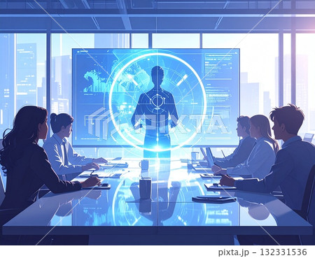 AIホログラムがプレゼンを行う未来型ビジネス会議のイラスト 132331536