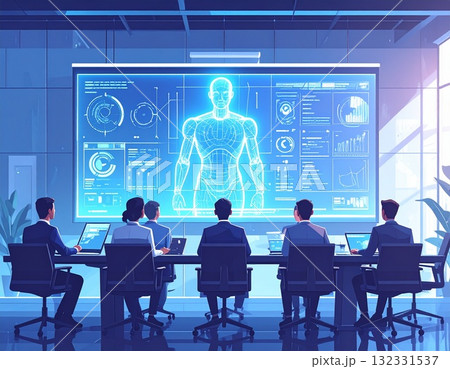 AI技術による人体設計を議論する科学者チームの未来的会議イラスト AI技術による人体設計を議論する科学者チームの未来的会議イラスト 132331537