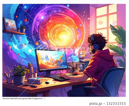 AIが創造の世界を広げるカラフルなデジタルアート制作のイラ 132331553
