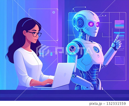 女性ビジネスパーソンとAIロボットが共に働く未来オフィスのイラスト 女性ビジネスパーソンとAIロボットが共に働く未来オフィスのイラスト 132331559