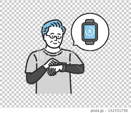 スマートウォッチで万歩計アプリを確認する中年男性 132331736