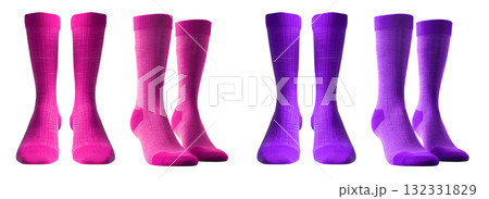 2 Set of magenta purple violet, front side view blank plain socks on transparent background, PNG file. Mockup template for artwork design 2 Set of magenta purple violet, front side view blank plain socks on transparent background, PNG file. Mockup template for artwork design 132331829