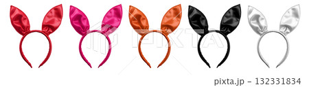 Set of satin silk red pink brown orange black white bunny rabbit hare ears headband headgear on transparent background cutout, PNG file. Many different colours. Mockup template for artwork design Set of satin silk red pink brown orange black white bunny rabbit hare ears headband headgear on transparent background cutout, PNG file. Many different colours. Mockup template for artwork design 132331834