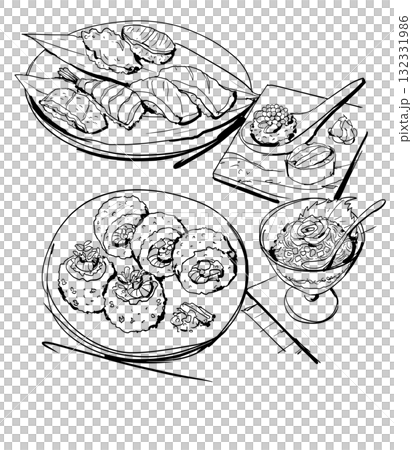 Stylish illustration of sushi. Shrimp, salmon roe and tuna Stylish illustration of sushi. Shrimp, salmon roe and tuna 132331986
