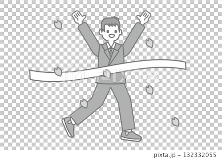 一名國中和高中男孩在櫻花的包圍下到達目標的插圖（單色） 132332055