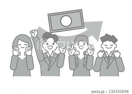 給料アップを喜ぶビジネスパーソンのイラスト（モノクロ） 132332056
