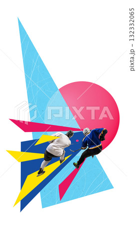 Vibrant collage. Two hockey players competing on abstract background Vibrant collage. Two hockey players competing on abstract background 132332065