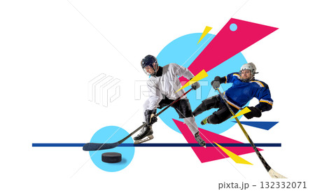 Modern collage. Two hockey players in fast motion on colorful abstract surface 132332071