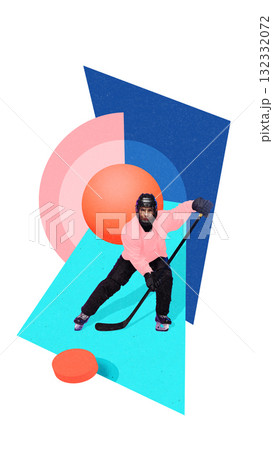 Trendy artwork. Hockey player in pink uniform with stick on abstract geometric background Trendy artwork. Hockey player in pink uniform with stick on abstract geometric background 132332072