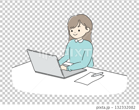 一位女士在筆記型電腦上工作的案頭工作插圖 132332082