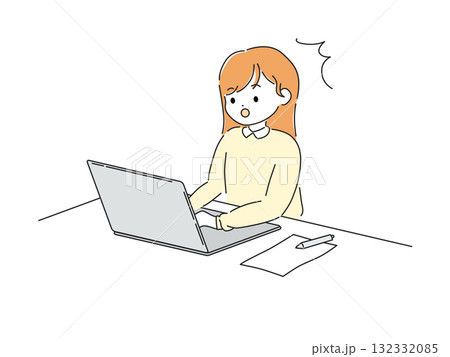 驚いた表情でノートパソコンで作業する女性のデスクワークイラスト 驚いた表情でノートパソコンで作業する女性のデスクワークイラスト 132332085