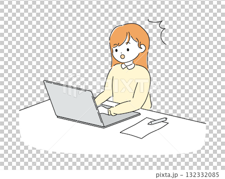 案頭工作插圖:一位女士在筆記型電腦上工作,表情驚訝 案頭工作插圖:一位女士在筆記型電腦上工作,表情驚訝 132332085