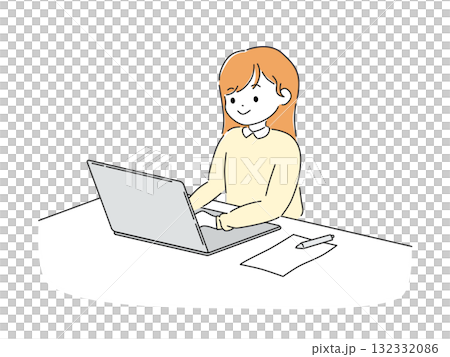 一位女士在筆記型電腦上工作的案頭工作插圖 132332086