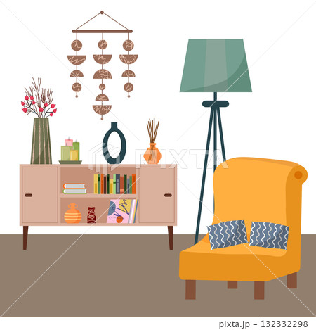 Cozy living room interior with armchair, cabinet, lamp, and decor. Modern home furnishing style for comfortable domestic life and relaxation. Cozy living room interior with armchair, cabinet, lamp, and decor. Modern home furnishing style for comfortable domestic life and relaxation. 132332298