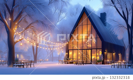 Cozy wooden cabin or cafe with glowing large windows 132332318