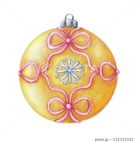 Glass yellow ball with snowflake decor. Christmas tree ornament hand drawn in watercolor with sparkling and pencil texture. Whimsical festive element for holiday card or poster and other seasonal art. 132332332