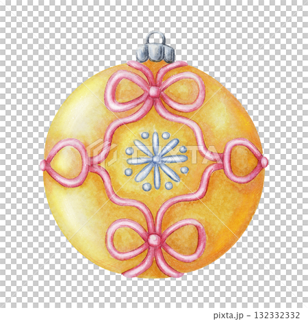 Glass yellow ball with snowflake decor. Christmas tree ornament hand drawn in watercolor with sparkling and pencil texture. Whimsical festive element for holiday card or poster and other seasonal art. 132332332