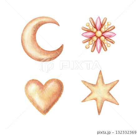 Set of copper metal star crescent and heart brooch with gemstones hand drawn in watercolor with sparkle and pencil texture. Shiny vintage jewelry illustration. Perfect for Christmas card and project. Set of copper metal star crescent and heart brooch with gemstones hand drawn in watercolor with sparkle and pencil texture. Shiny vintage jewelry illustration. Perfect for Christmas card and project. 132332369