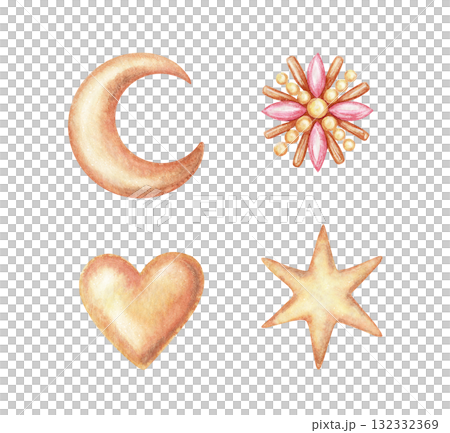 Set of copper metal star crescent and heart brooch with gemstones hand drawn in watercolor with sparkle and pencil texture. Shiny vintage jewelry illustration. Perfect for Christmas card and project. Set of copper metal star crescent and heart brooch with gemstones hand drawn in watercolor with sparkle and pencil texture. Shiny vintage jewelry illustration. Perfect for Christmas card and project. 132332369