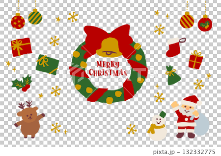 A cute winter illustration featuring a hand-drawn Christmas wreath, Santa Claus, reindeer, snowmen, and presents. 132332775