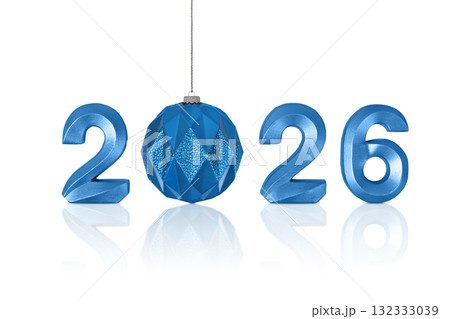 Blue numbers 2026 and a Christmas tree ornament in the shape of a blue ball isolated on a white background with clipping path. A design element for New Year and Christmas postcards 132333039