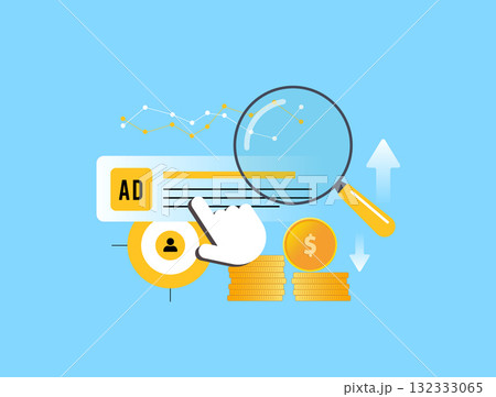 PPC advertising analysis optimizes pay per click campaigns. Ad performance metrics, ppc user clicks, cost stacks, revenue arrows, trend graphs for enhanced digital marketing ROI. Vector illustration 132333065