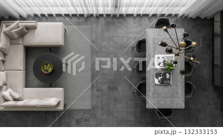 Stylish Living Room with Dining Table and Cozy Sofa 132333153